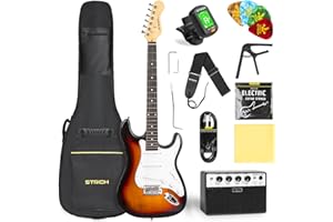 STRICH Electric Guitar Beginner Kit, Solid Body 39" Full Size Electric Guitar SSS Pick Up for Starter, with 5W x 2 Amp, Bag, Digital Tuner, Capo, Strap, String,Cable, Picks, SST-S10 Sunburst