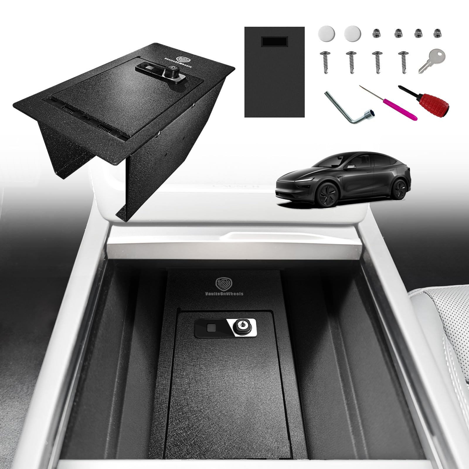 Photo 1 of VaultsOnWheels for 2026+ Tesla New Model Y Juniper Center Console Safe Gun Safe Vault Hidden Console Storage Interior Vault LockBox Anti-Theft Biometric Fingerprint Lock (Not fit Standard Trim)