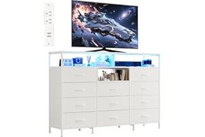 Dresser for Bedroom with 11 Fabric Drawers, 55 ” w Dresser TV Stand with Power Outlet & LED Lights for 65 Inch TV, Wood Top, 