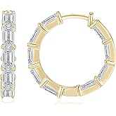 EONFUN Moissanite Hoop Earrings, 9.0cttw D Color 3x5mm Emerald Cut Moissanite 925 Sterling Silver Round Earrings for Women Mom Wife Wedding Birthday Jewerly Gifts