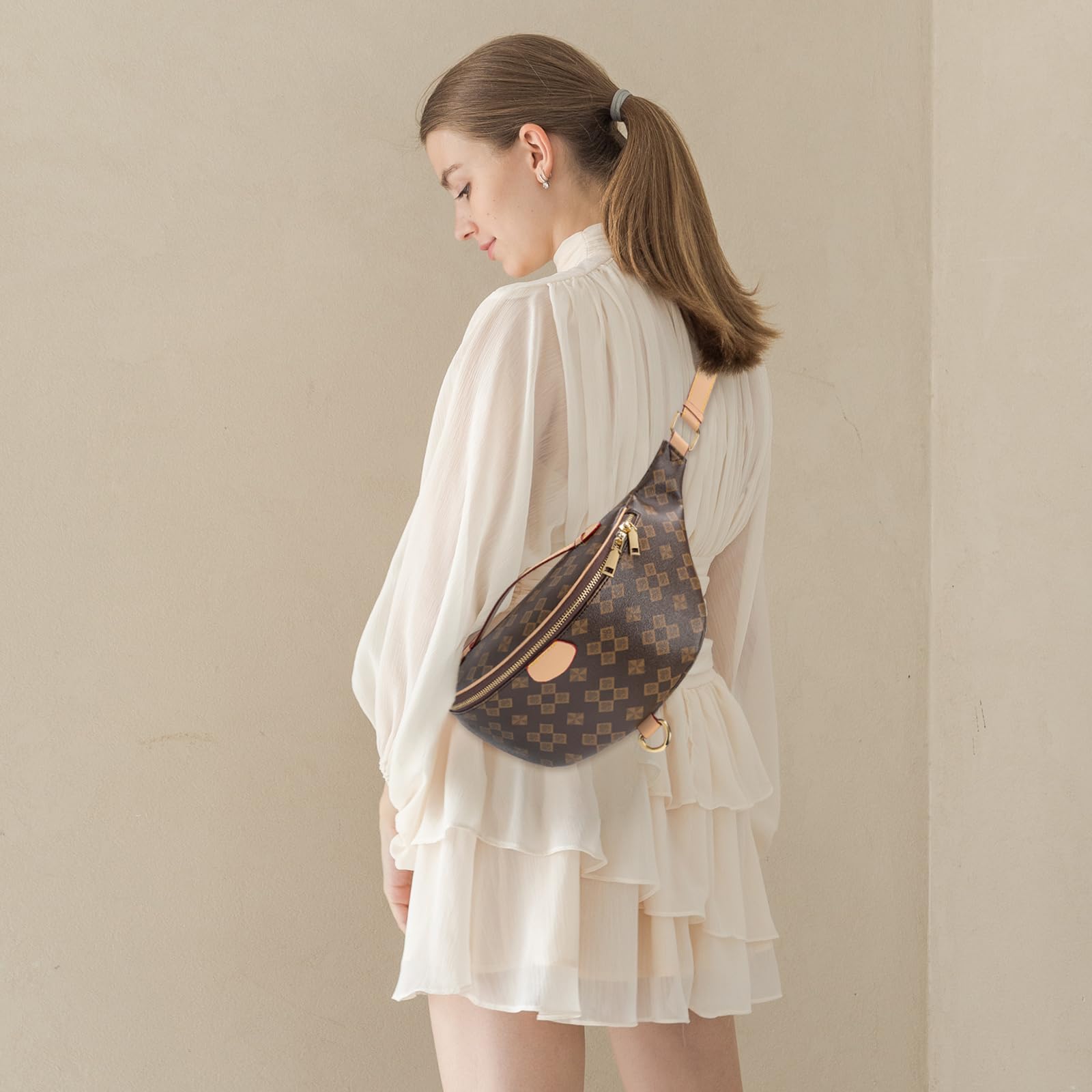 Crossbody Sling Bag for Women Fanny Pack with Adjustable Strap Large Opening Two-Way Zipper Closure Chest Trendy Checkered Belt for Daily Shopping Travel (Brown)