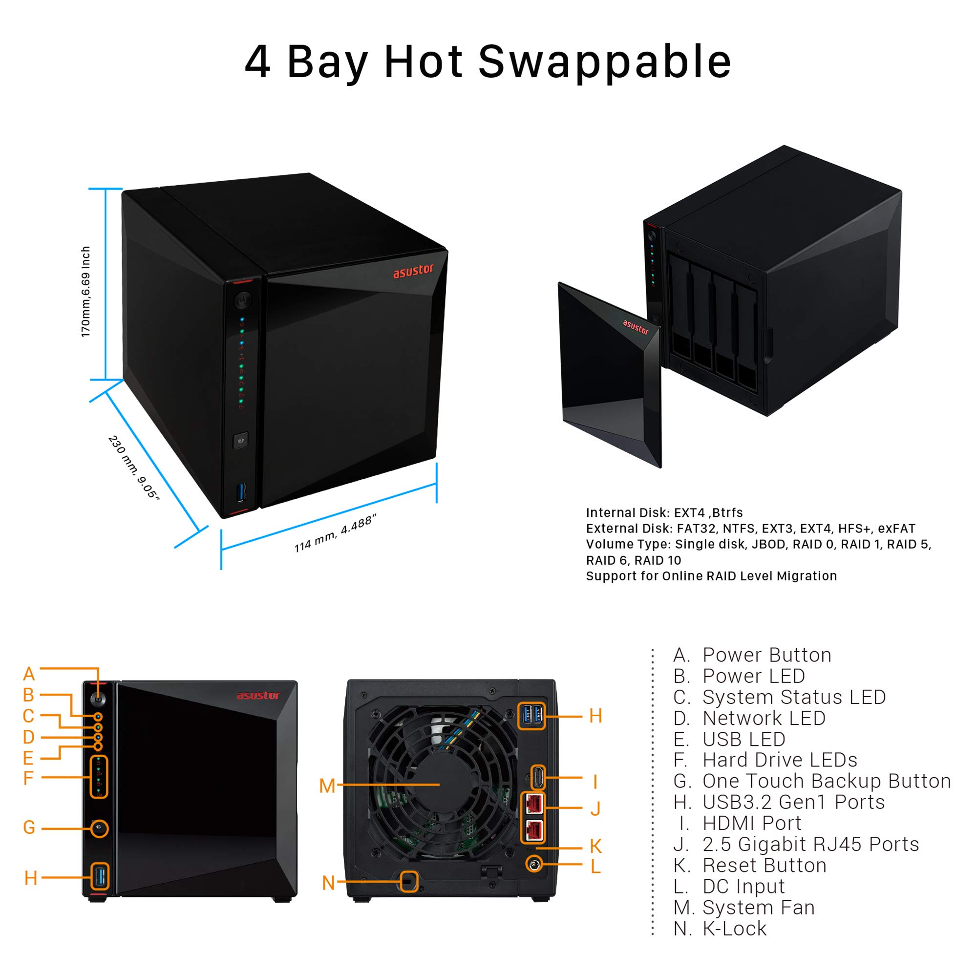 Asustor AS5304T - 4 Bay NAS, Intel Celeron Quad-Core, 2 2.5GbE Ports, 4GB RAM DDR4, Gaming Network Attached Storage, Personal Private Cloud (Diskless)