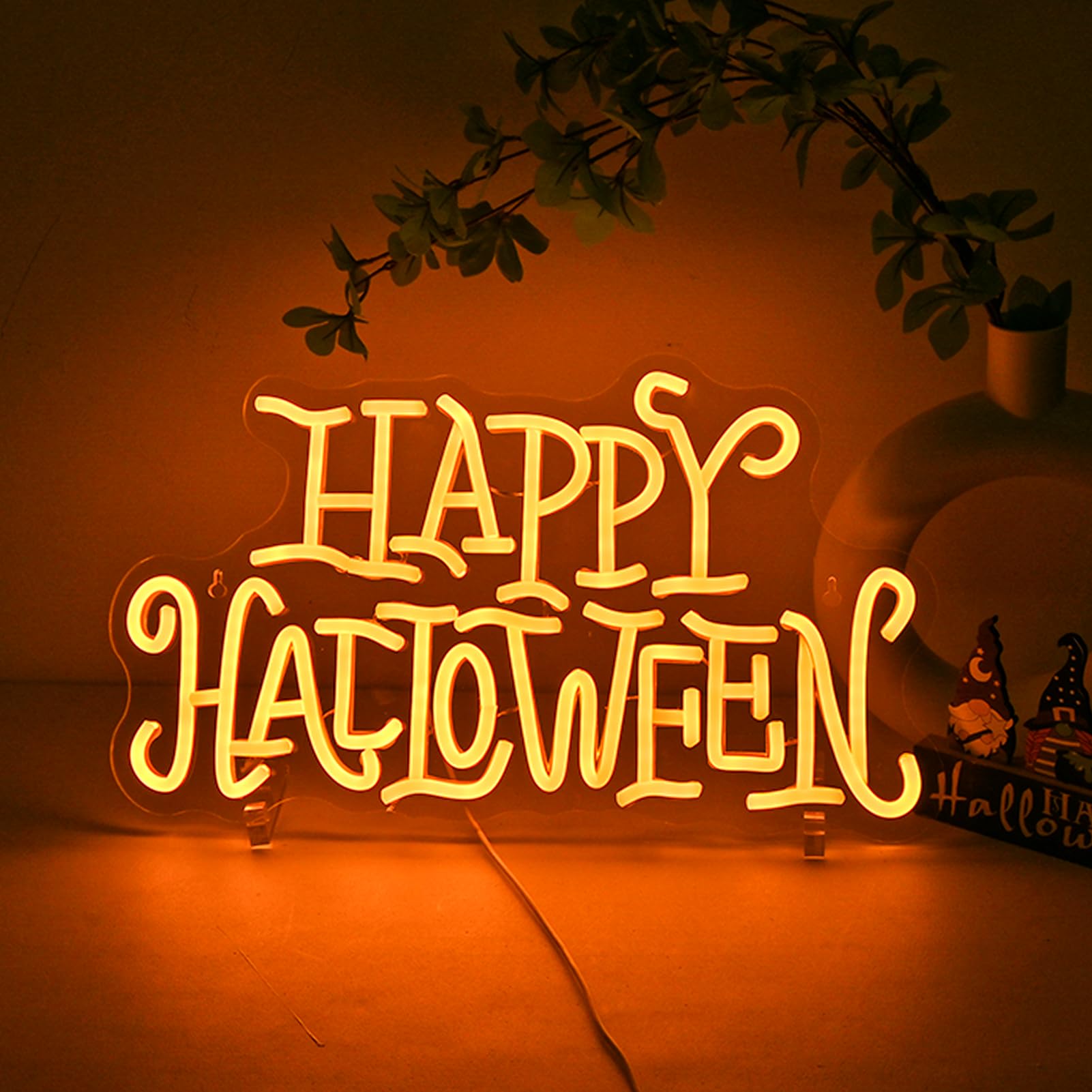 Photo 1 of Wanxing Happy Halloween Neon Light Sign Golden Yellow Letter Led Nights for All Hallows' Day Party Wall Decor Art Decorations As a Gift for Children Friends Family 16.5'' * 19.4''