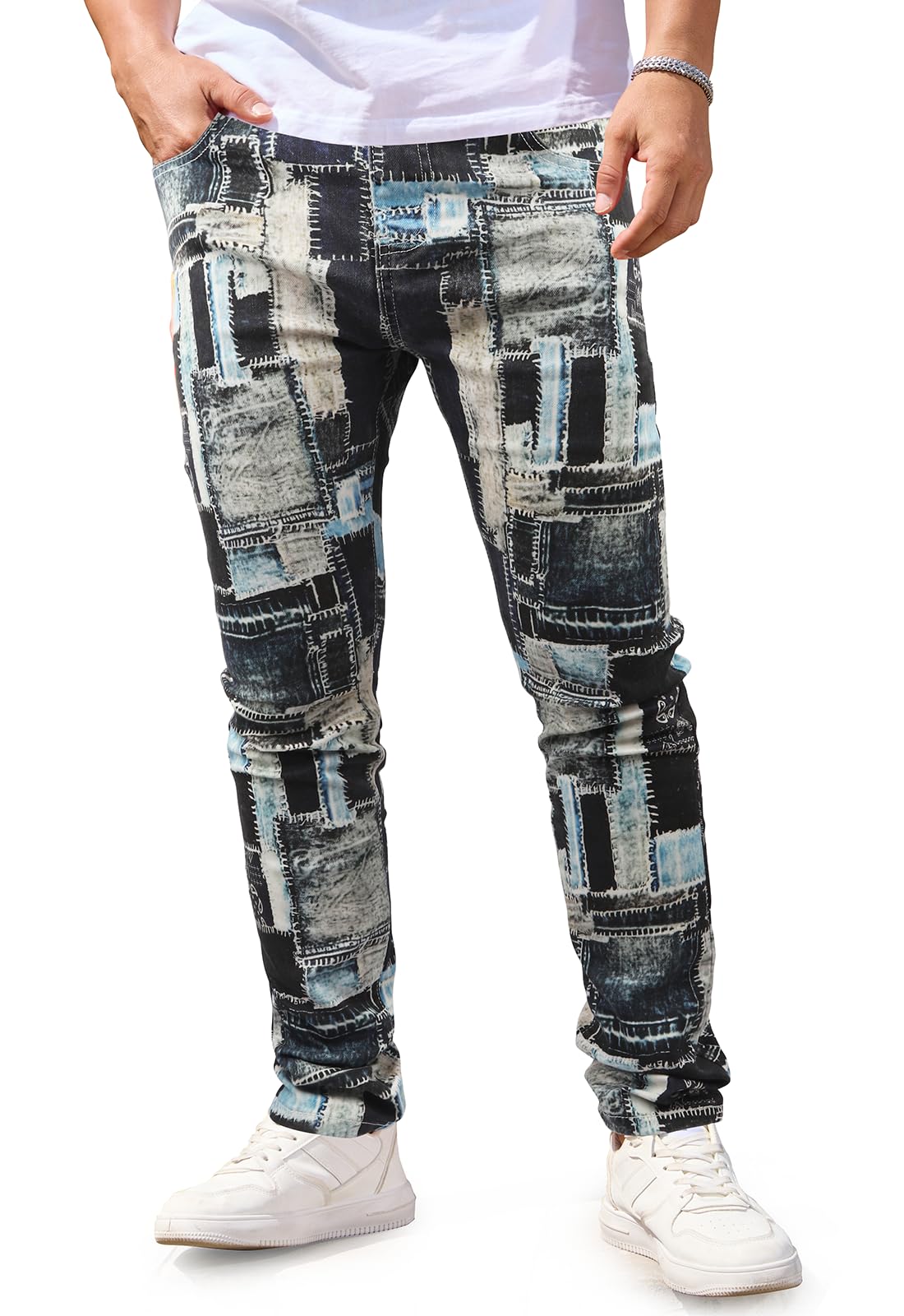 Gulots Men's Jeans Tie Dye Casual Printed Slim Fit Jeans Stretch Skinny Denim Pants for Men 30 Blue Plaid