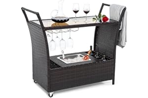 IJIALIFE Outdoor Rolling Wicker Bar Cart with Removable Ice Bucket/Glass Countertop/Goblet Wine Glass Holders/Storage Compartments, Rattan Bar Serving Cart for Pool, Party, Backyard