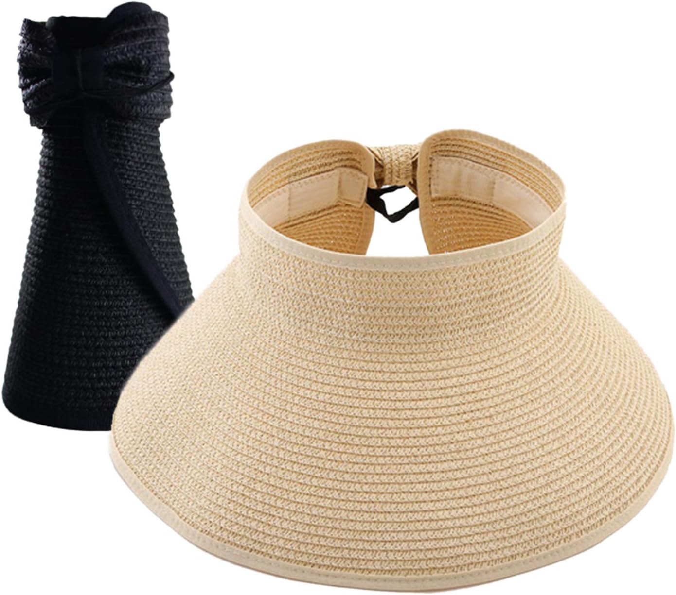 Womens Summer Foldable Wide Brim Sun Visor, Roll Up Beach Straw Hat with Cute Bowtie