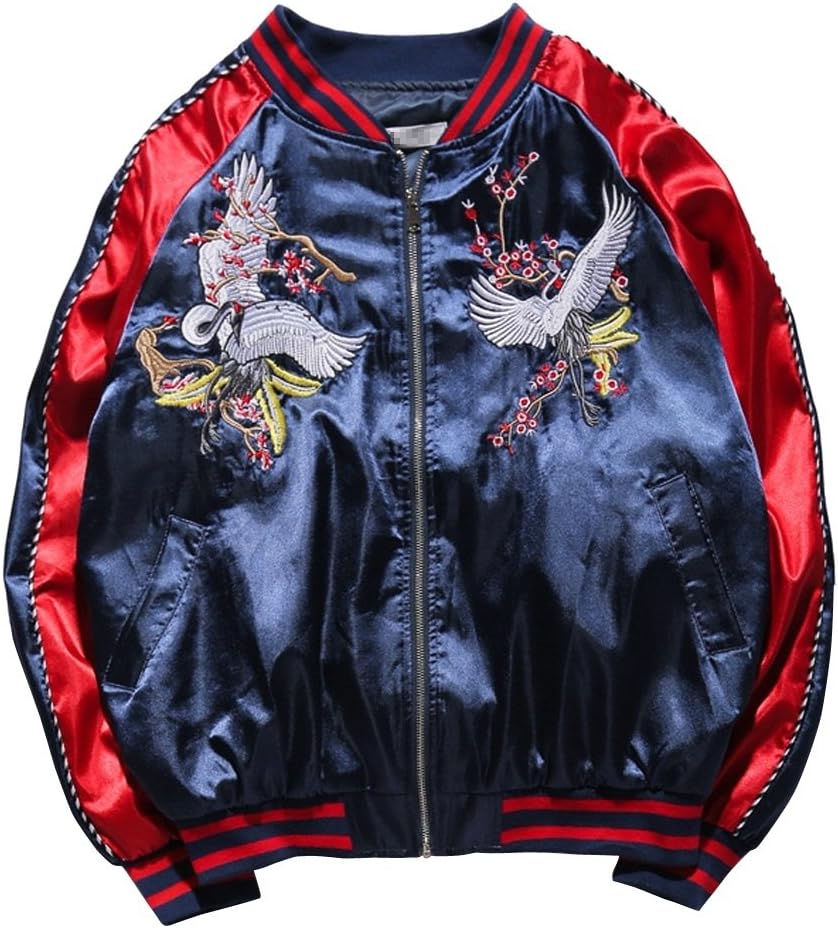 LETSQK Men's MA-1 Air Force Crane Embroidery Lightweight Baseball Bomber Jacket