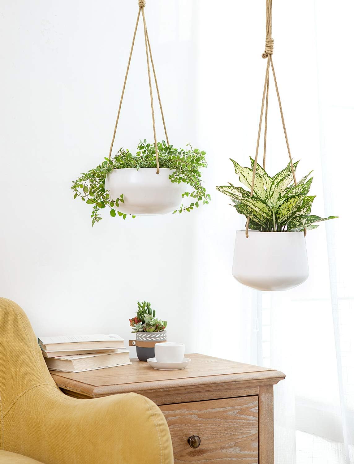 Mkono Ceramic Hanging Planter of Shallow 8 Inch and Deep 6 Inch for Indoor Outdoor Plants, Set of 2 Modern Plant Pot Geometric Porcelain Hanging Basket with Polyester Rope Hanger for Herbs Ferns Ivy: Kitchen & Dining