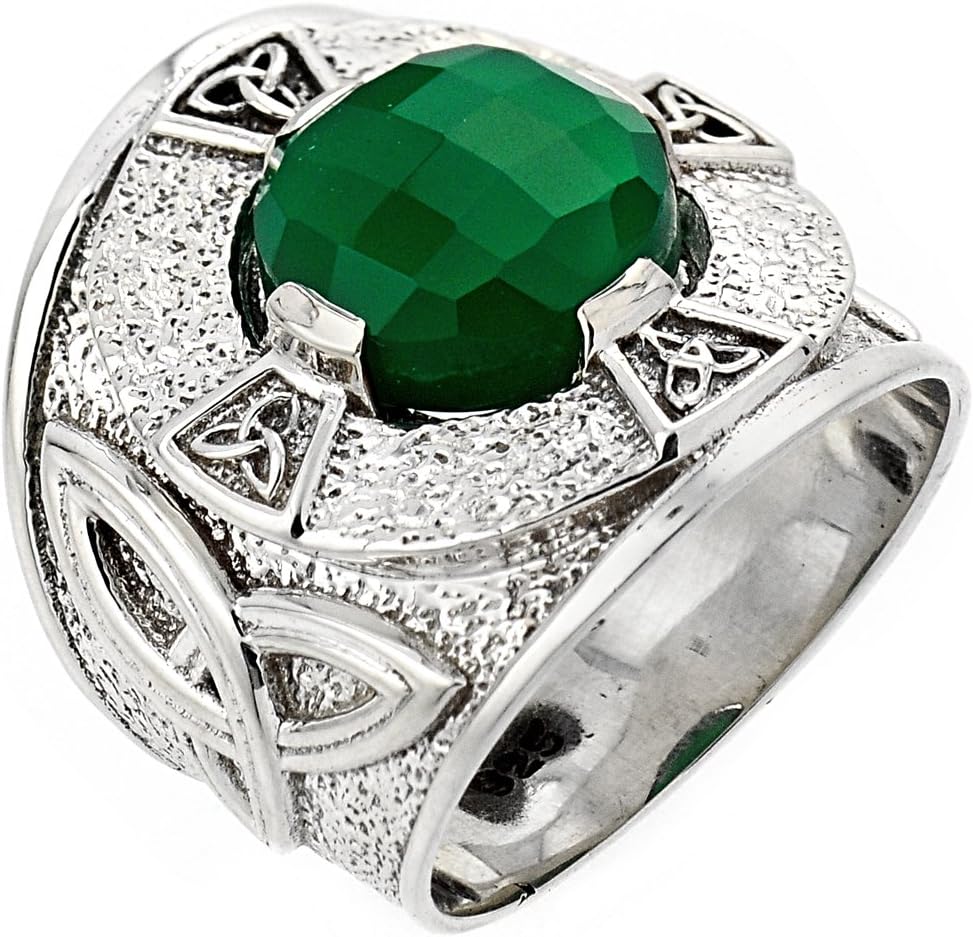 Celtic Rings 925 Sterling Silver Trinity Knot Band Men's with Green Agate