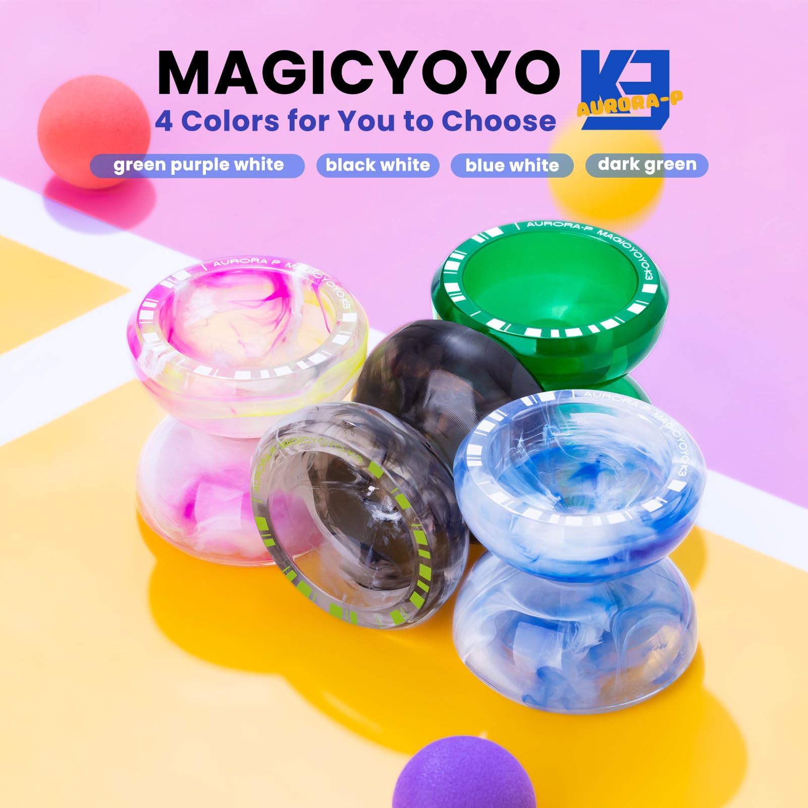 MAGICYOYO K3 Aurora-p Kids Pro Yoyo‌ – Responsive Yoyo for Kids 8-12 | Unresponsive Yo-yo Bearing & Crystal Plastic Design with 12 Strings + Bag | Learn Tricks(Blue/White)
