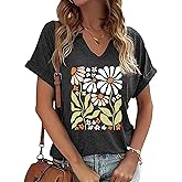 AMWIPE Womens Vintage Flowers V Neck Shirt Casual Floral Print Tee Shirts Cute Wildflowers Graphic Cottagecore Tops