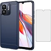 Asuwish Phone Case for Xiaomi Redmi 12C/Poco C55 with Tempered Glass Screen Protector Cover and Cell Accessories Slim Thin Soft TPU Silicone Protective Redmi12C 11A Women Men Carbon Fiber Navy Blue