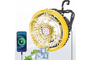 ACKARIDO Camping Fan with LED Lantern, 10400mAh Rechargeable Portable Tent Fan with Hang Hook, Mobile Power Bank, 180°Head Rotation, Quiet Work Perfect Battery Operated USB Fan for Picnic, Barbecue, Fishing