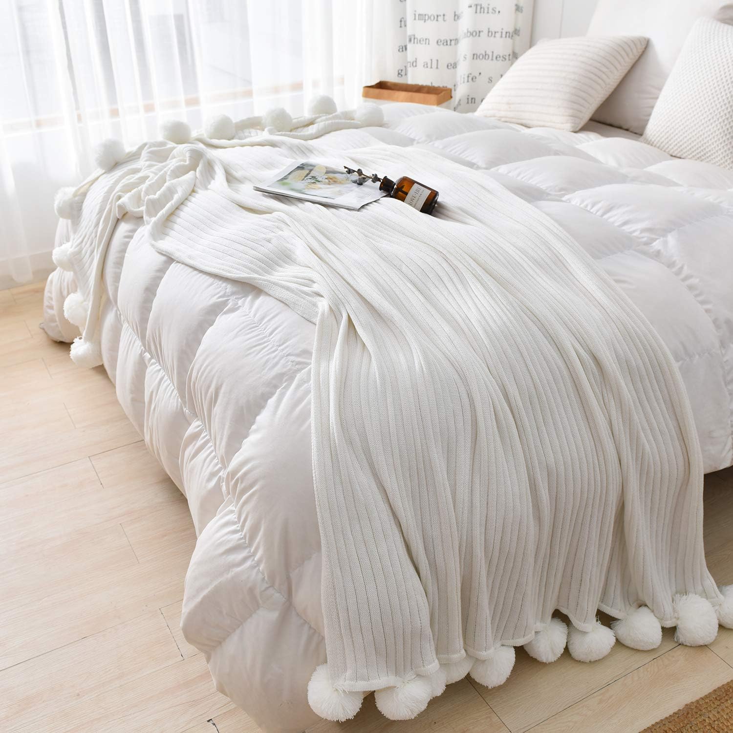 Fomoom Throw Blanket for Couch, 40 x 60 Inch White Pom Pom Throw Blanket Knit Blanket with Pom Poms, Fuzzy, Fluffy, Plush, Soft, Cozy, Warm Knitted Cover, Decorative Cotton Blanket for Sofa Bed: Home & Kitchen
