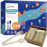 CORAL Light Brown Compostable Heavy Duty Spoons &amp; Forks Set 220 Pieces Bulk | Disposable 110 Forks, 110 Soup Spoons - Break Resistant with Smooth Edges, Ocean Friendly Alternative to Plastic Utensils
