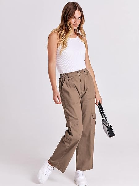 ANRABESS WOMEN’S CARGO PANTS HIGH WAISTED BAGGY MULTIPLE POCKETS CASUAL TRENDY FASHION RELAXED FIT Y2K TROUSERS BROWN SMALL