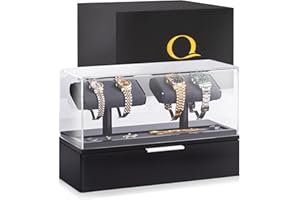 QWATCHBANDS QWATCH Watch Stand Display Case - Acrylic Watch Box for 2 or 4 Watches with Jewelry Valet Tray and Drawer
