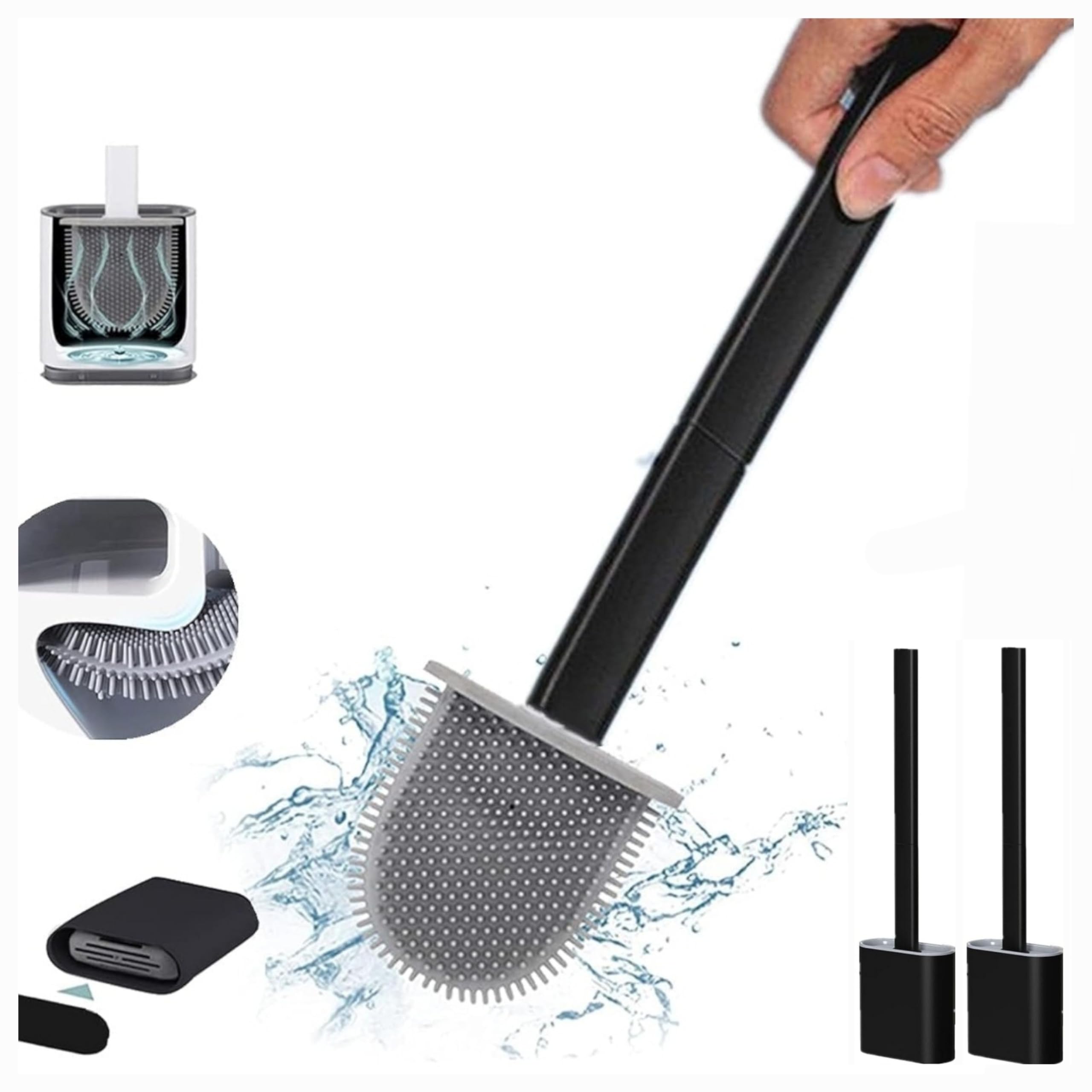 KWIK CLEAN 2 Pack Black Deep Clean Silicone Toilet Brush & Quick Dry Anti-drip Holder, Flexible No scratch Bathroom Brush Long Non-Slip Handle for Easy Cleaning, Durable Toilet Brush Set With Holder