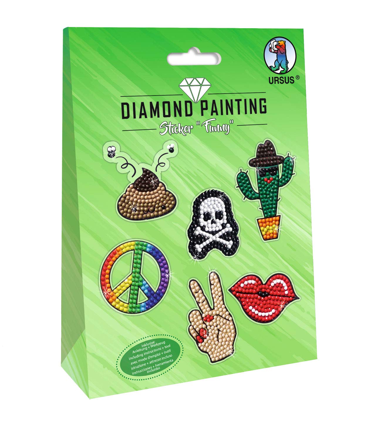 Ursus 43500003 Diamond Painting Fun for Making Stickers with Sparkling Diamonds, 2 Sheets 15 x 10 cm, with Different Designs, Diamonds, Picks, Wax and Bowl, Multi-Coloured