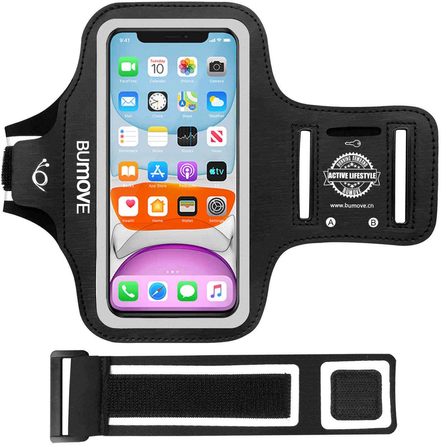 iPhone 11, XR Armband, BUMOVE Gym Running Workouts Sports Cell Phone Arm Band for iPhone 11/XR with Key/Card Holder (Black)