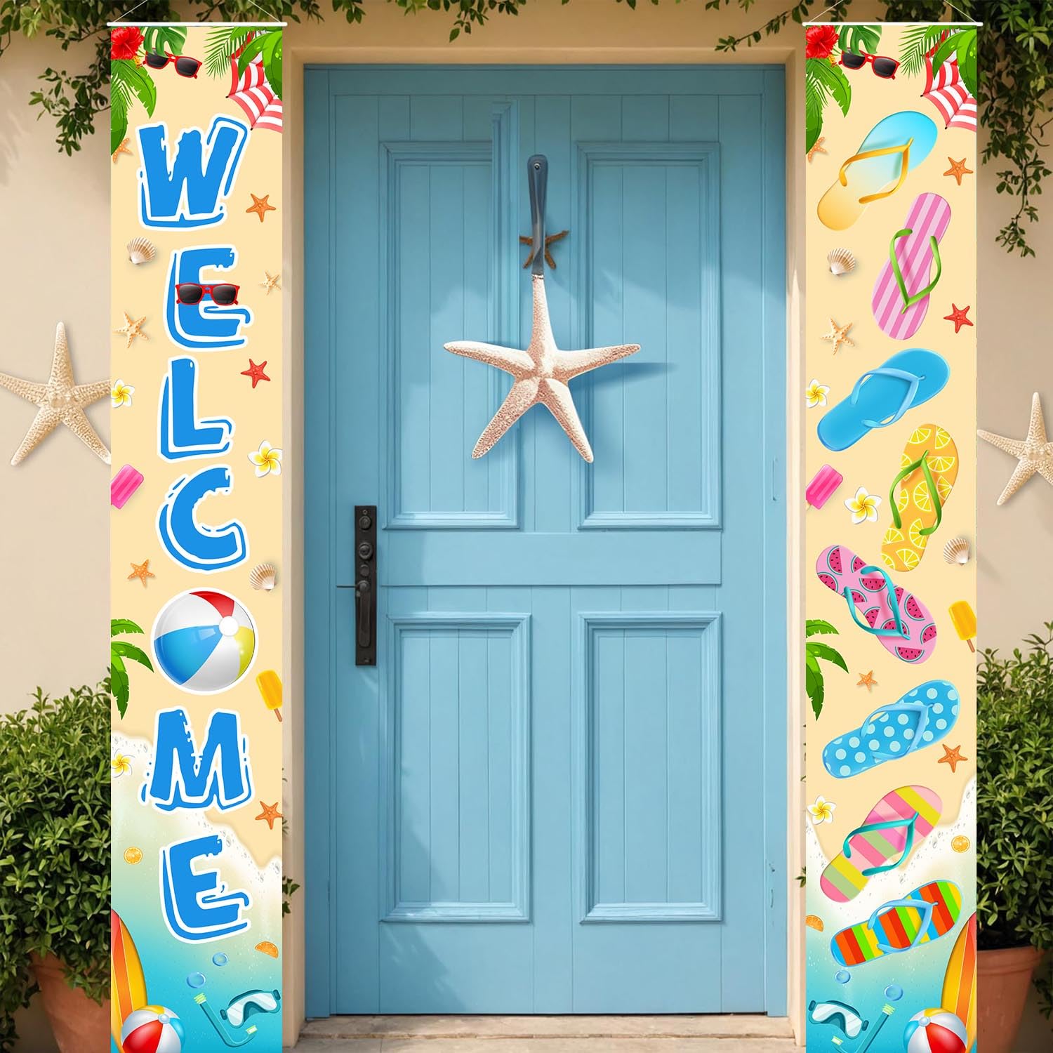 Photo 1 of AIBIIN Summer Porch Banner Welcome Outdoor Banner Hello Summer Beach Door Decoration Beach Themed Luau Aloha Pool Party Indoor Holiday Party Supplies