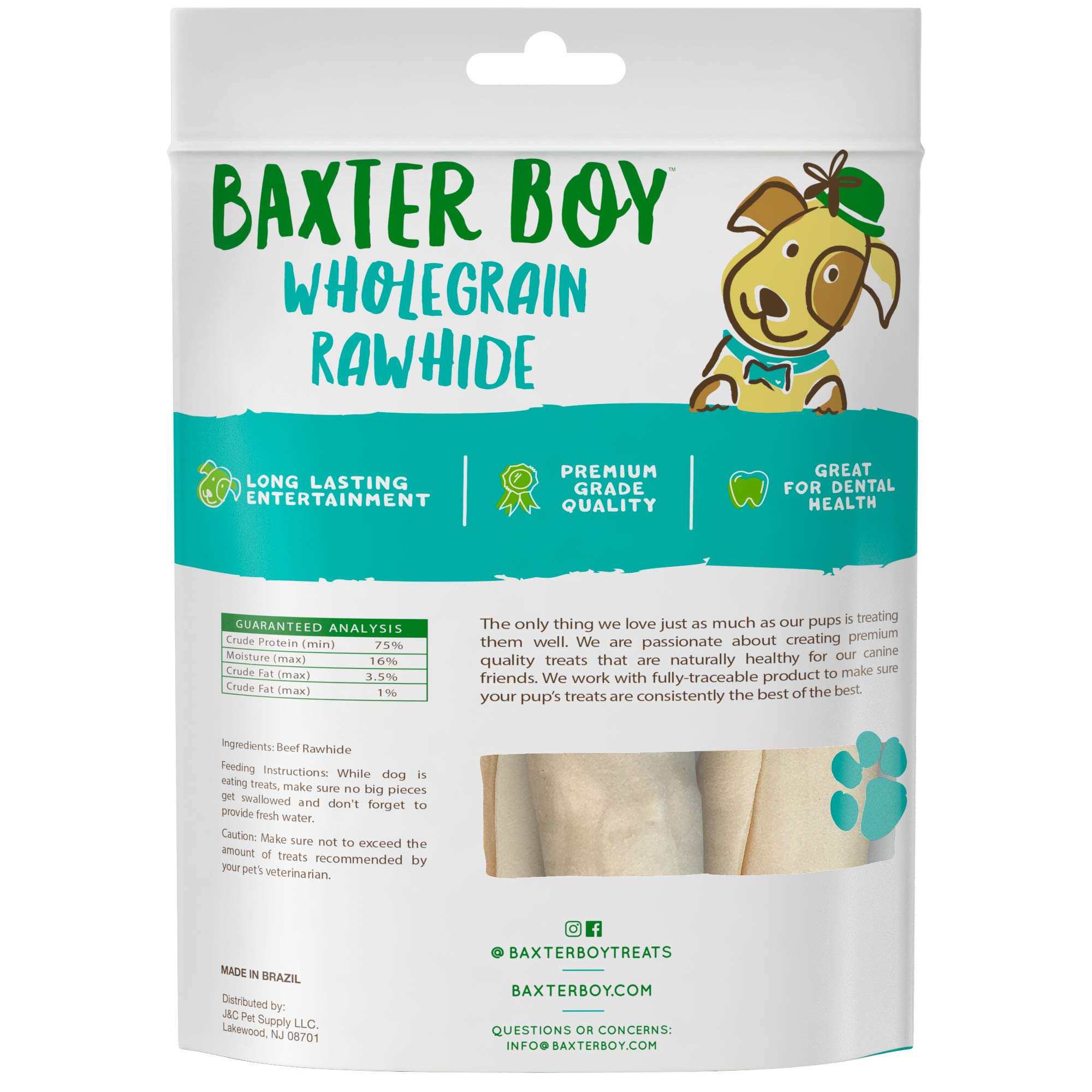 Baxter Boy Premium Rawhide Roll for Dogs Natural Chews Extra Thick Treat – Large 8”– 9” (4 Pack)