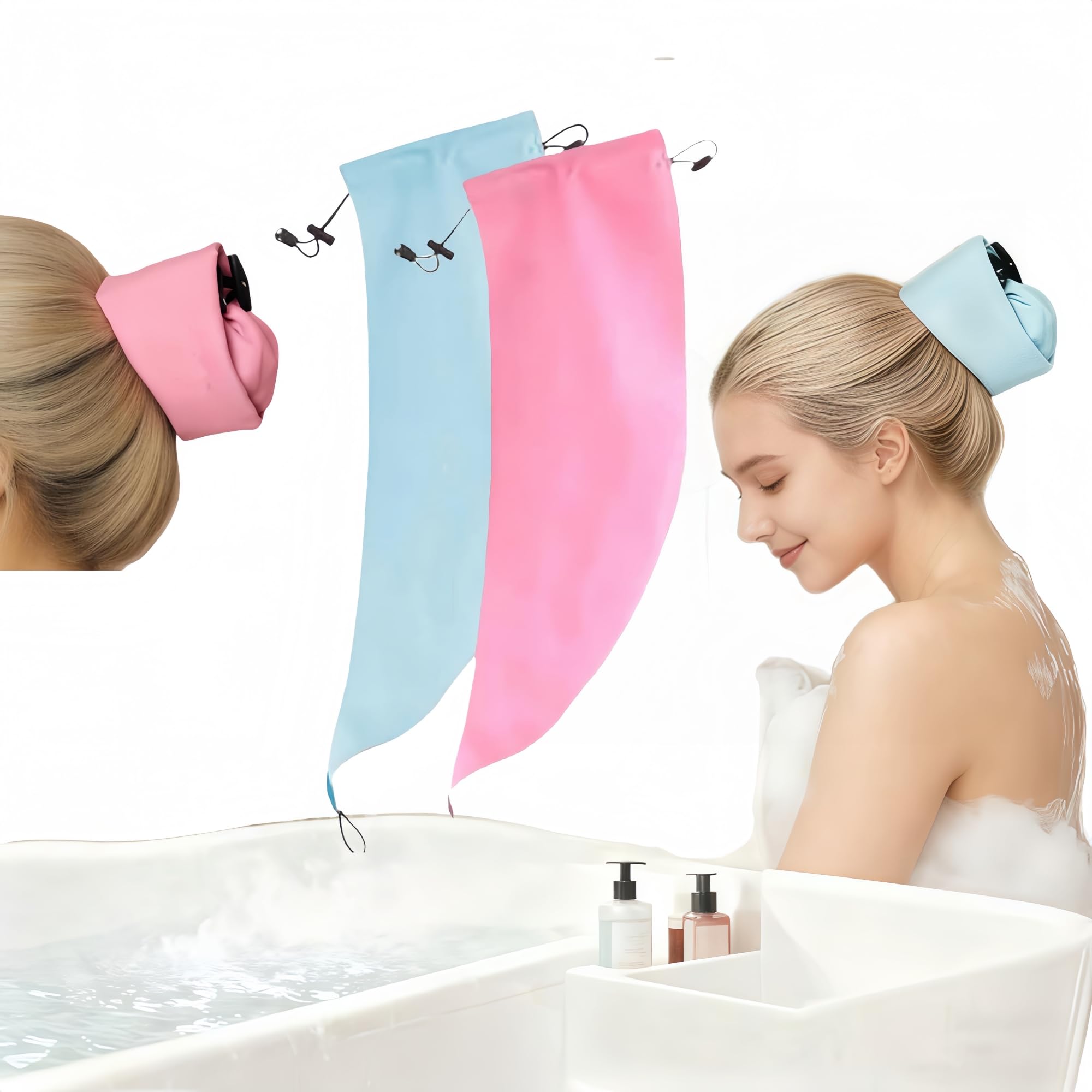 Photo 1 of (2PCS) Crown Washing Shower Cap Ponytail, Waterproof Hair Sleeve Reusable Ponytail Bathing Hat, A Quick Root Refresh Shower Hair Wash Accessory for Your Pony Tail