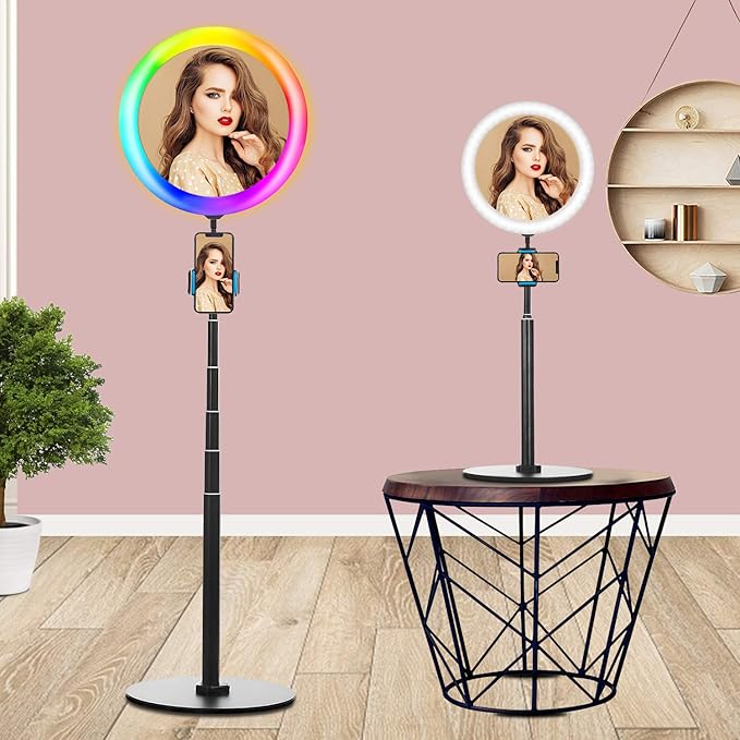 10 2 Ring Light Rgb Dimmable Colorful Discoloration Disco Flash Makeup Mirror Light With Two Tripod Stand Cell Phone Holder For Youtube Video Live Stream Stage Party Selfie Ring Light Amazon In Electronics