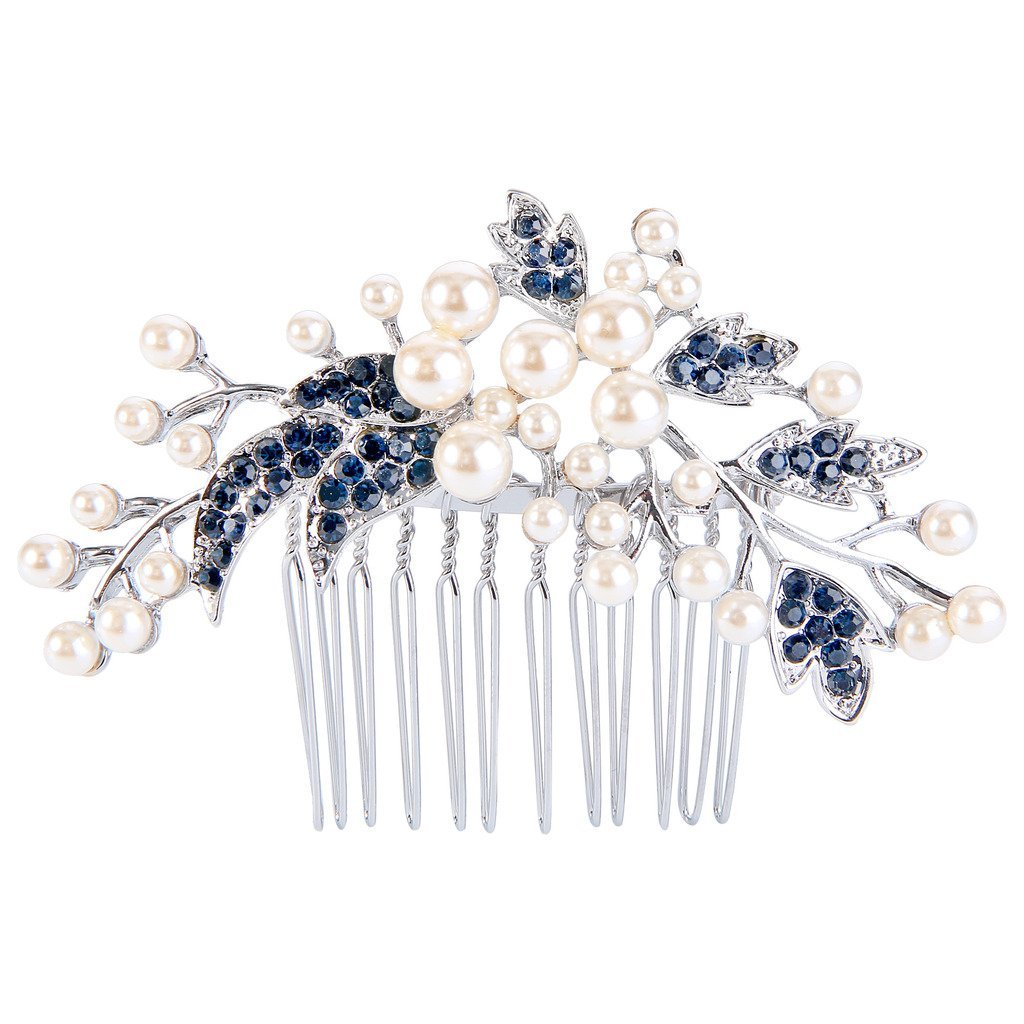 Ever Faith Silver-Tone Austrian Crystal Cream Simulated Pearl Floral Leaf Branch Wedding Hair Comb Blue