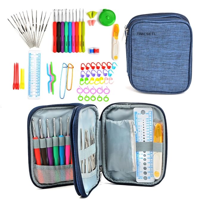 TIMESETL 72er Häkelnadel Set Häkelnadeln Bunte Ergonomische Griffe Stricken Nadeln in Verschiedenen Größen 51 Zubehör Kit Häk
