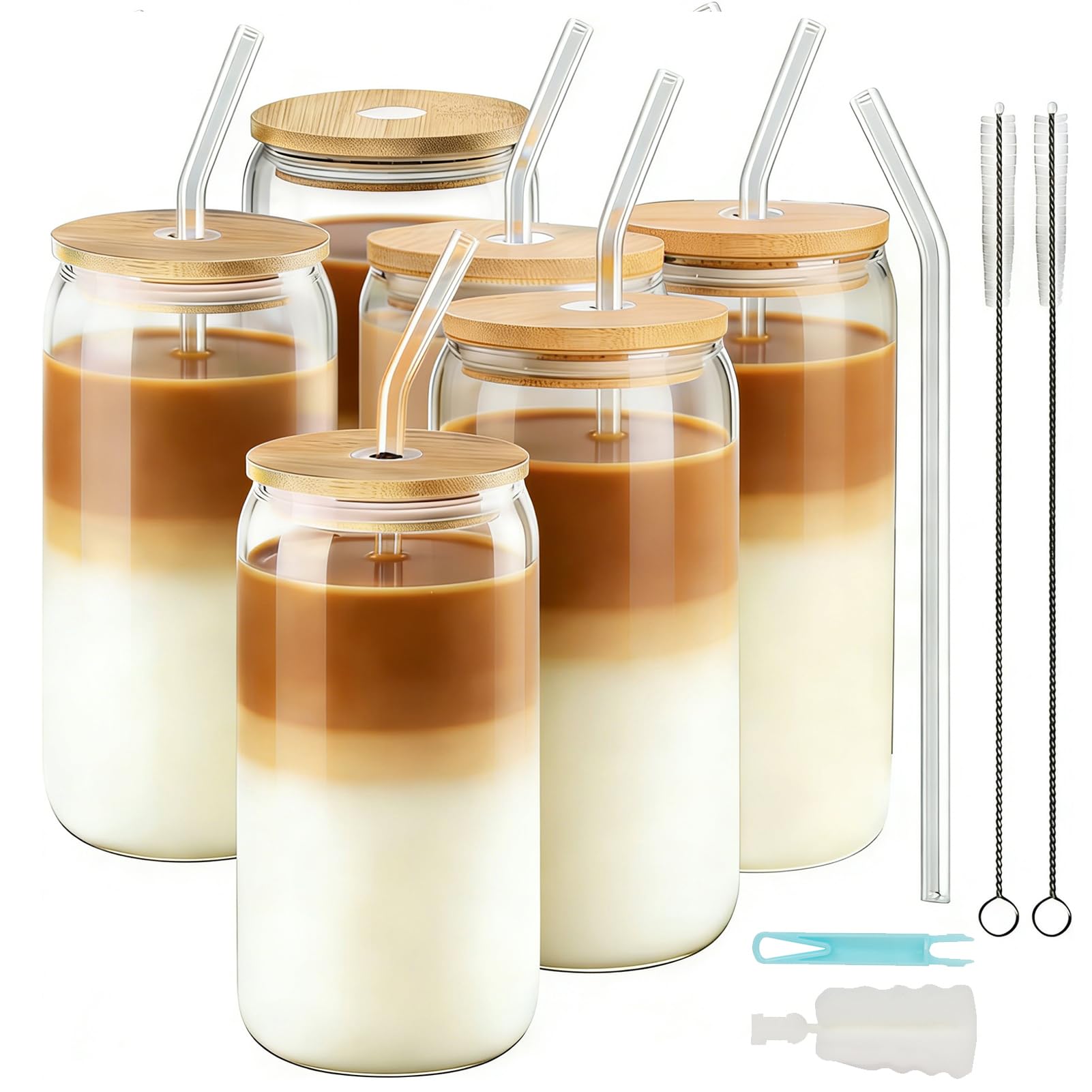 ZgoEC 6 Pack Iced Coffee Cups, 16oz Reusable Drinking Glass Tumbler with Lids and Straws, Can Shaped Glasses for Smoothie, Milkshake, Cocktail, Soda, Gift for Coffe Lover, Dishwasher Safe