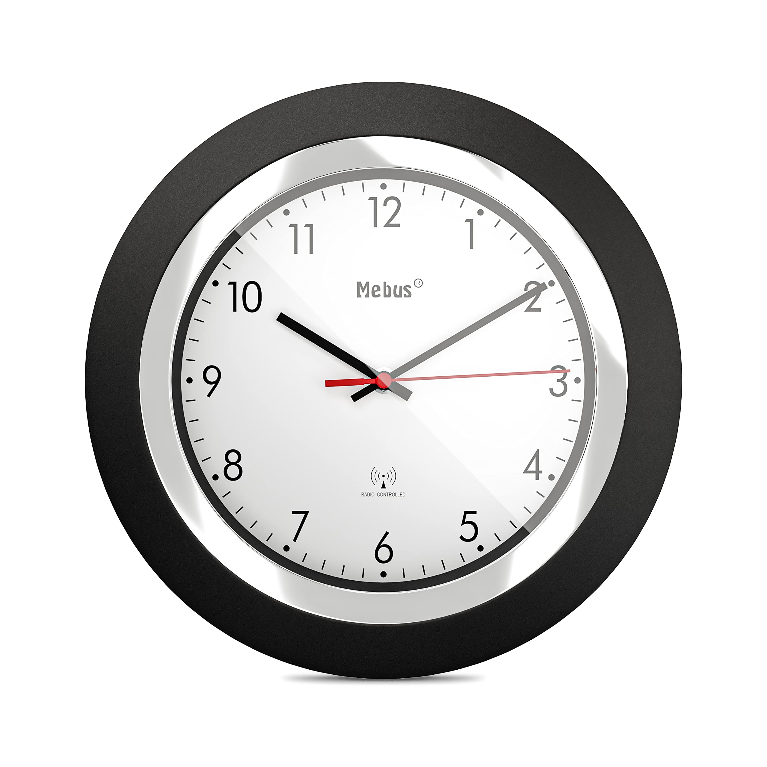 Mebus Radio-Controlled Wall Clock, Classic Model, Black Frame, White Dial, 24 cm Diameter, Round, Radio-Controlled Clock (DCF77), Model: 19451, Colour: Black, White — image 1