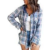 Knemksplanet Women Plaid Hooded Shirt Drawstring Flannel Sweatshirt Hoodie Jacket Casual Button Down Blouse Tops with Pocket