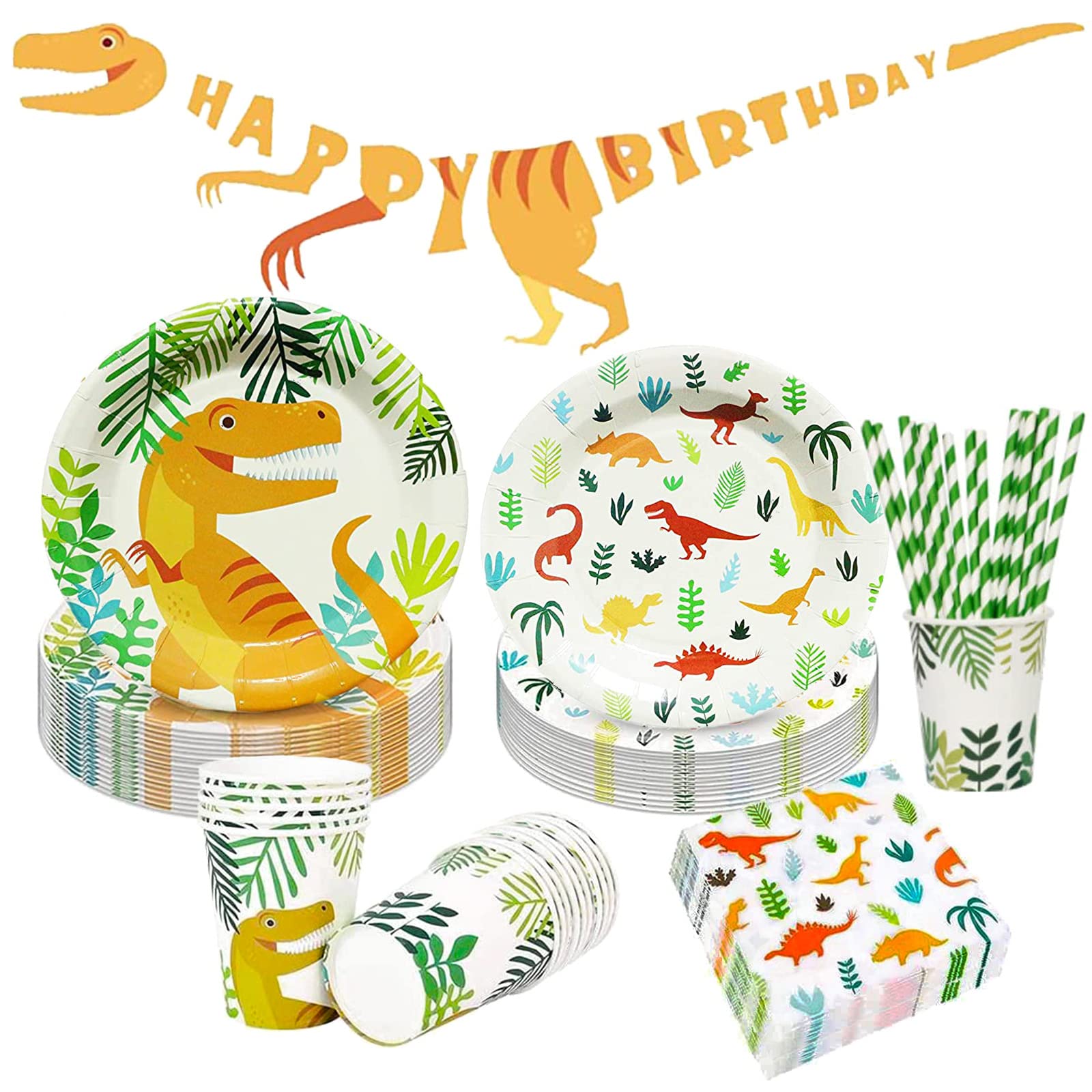 Bymivofun 81 Piece Dinosaur Birthday Tableware Set, 16 Guests Paper Dinosaur Party Accessories, for Children Themes Birthday Party Shower Decoration