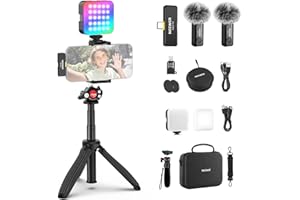 NEEWER Vlogging Kit for Phone with RGB LED Light/Lavalier Wireless Microphone System/Selfie Stick Phone Tripod, Content Creator Essentials for iPhone Android Podcast YouTube, PA048