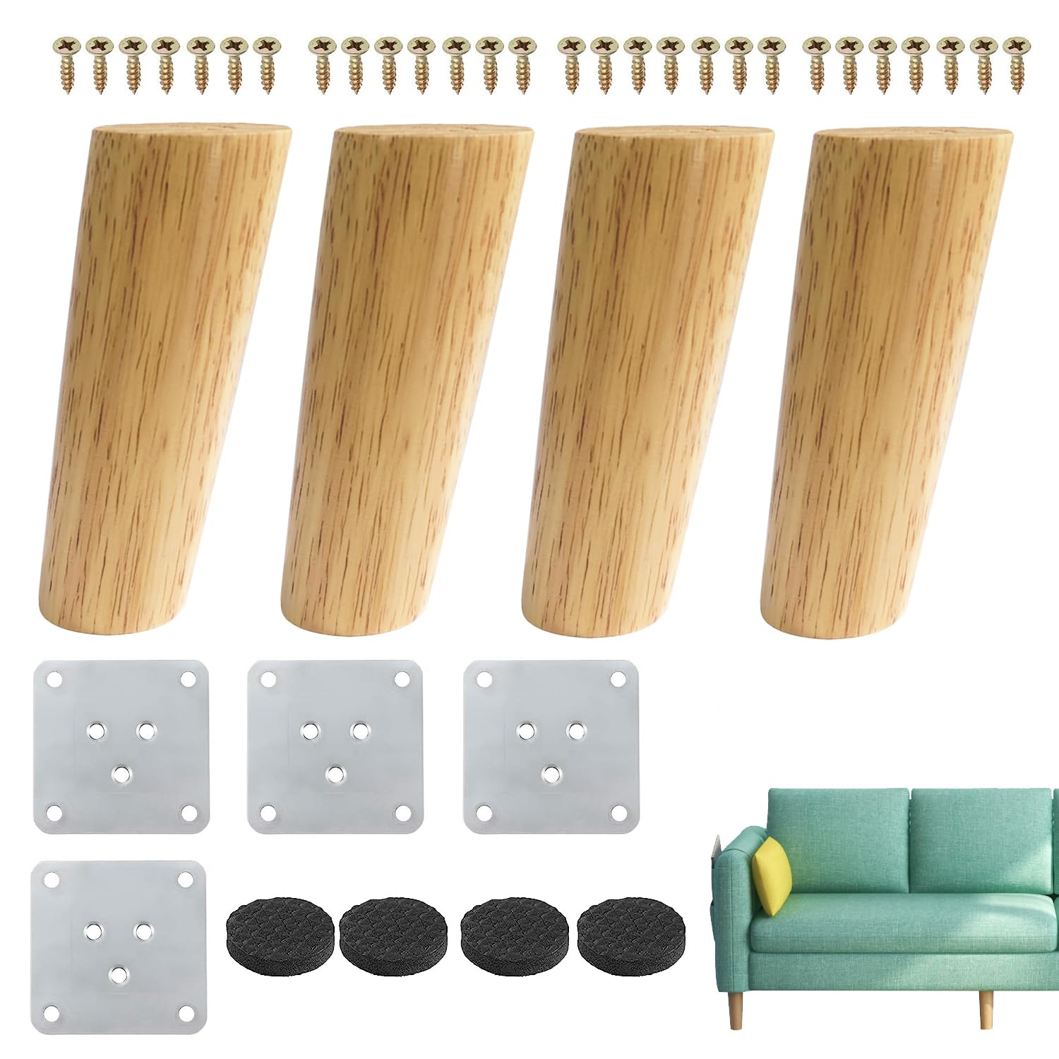 12cm Wooden Furniture Legs Set of 4pcs Solid Wood Oblique Tapered Furniture Replacement Feet Sofa Table Legs with Mounting Plate & Screws Anti-Slip Mats for Sofa TV Cabinet Bed Couch Dining Table