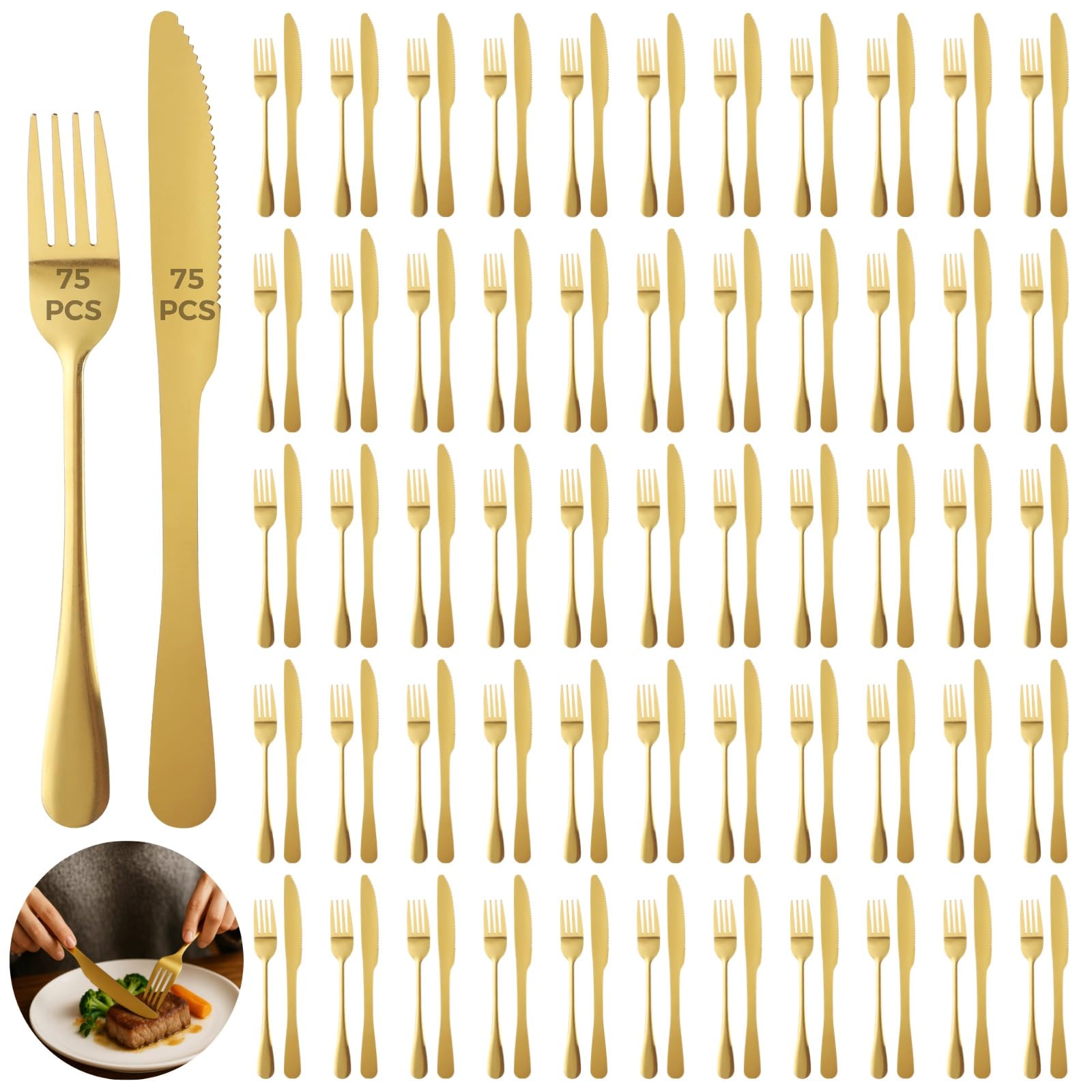 Photo 1 of 150 Pcs Gold Silverware Set, Includes 75 Forks and 75 Knives, Stainless Steel Flatware Set, Elegant and Sturdy Cutlery, Smooth Surface, Dinner Tableware, Ideal for Home, Restaurant