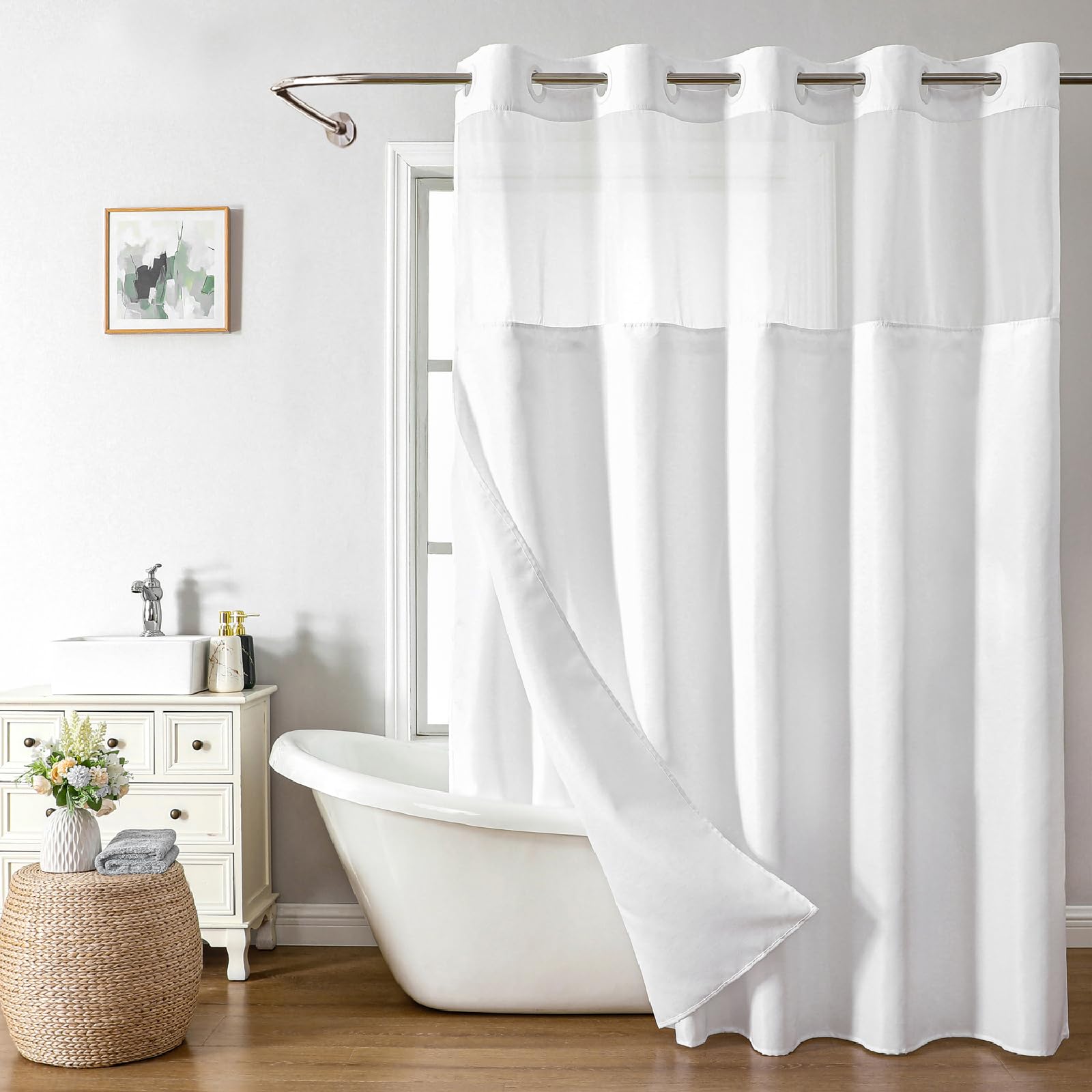 Photo 1 of eachope No Hooks Needed Linen Textured Shower Curtain with Snap-in Fabric Liner Set,White Hotel Luxury Decor Shower Curtains for Bathroom with Mesh Top Window,Waterproof & Washable,71Wx74H
