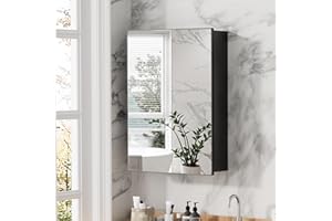 Black Bathroom Medicine Cabinet with Mirror, 56 x 41 CM Wall Mount Mirror Cabinet with Storage Shelves, Surface/Recessed Moun