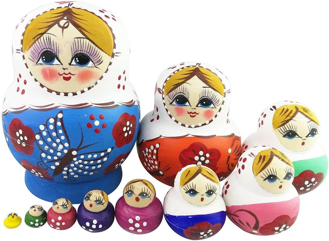 Winterworm Set of 10 Rustic Style Butterfly Matryoshka Dolls Russian Nesting Dolls Wooden Stacking Toy for Kids Toy