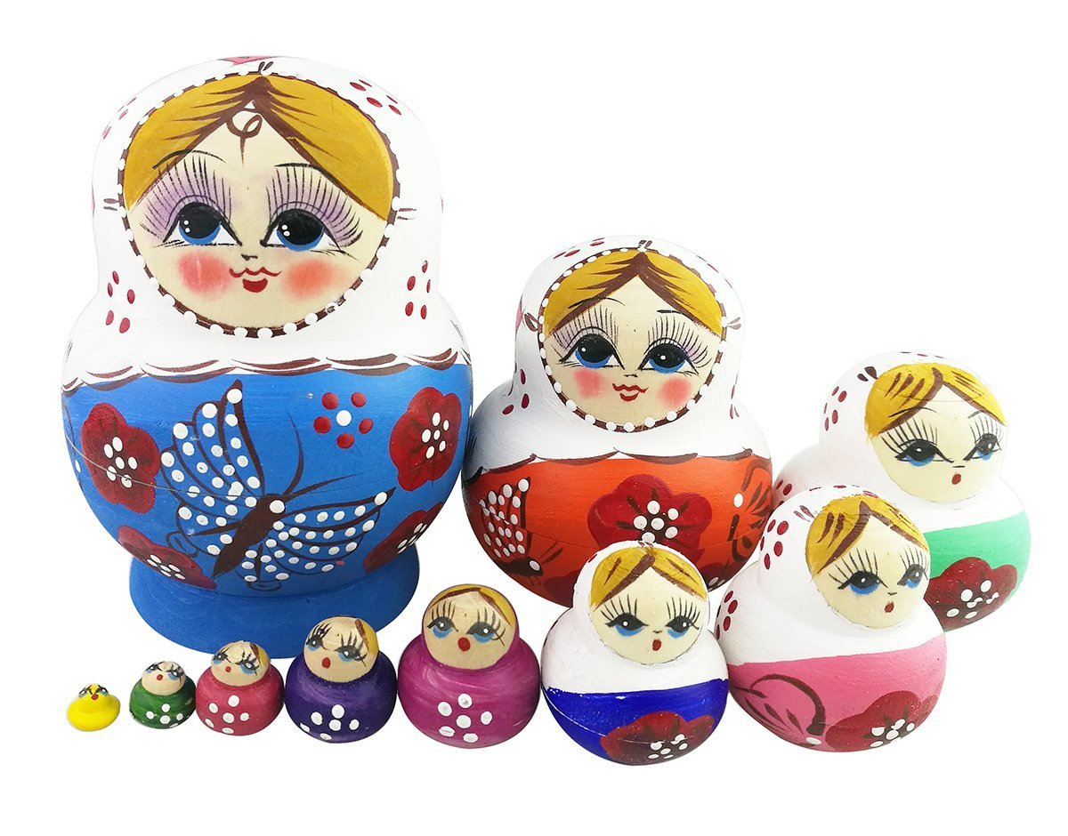 Winterworm Set of 10 Rustic Style Butterfly Matryoshka Dolls Russian Nesting Dolls Wooden Stacking Toy for Kids Toy