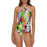 Trina Turk Women's Standard Tiki High Neck Tankini, Floral Print, Adjustable, Tie Back, Swimsuit Tops