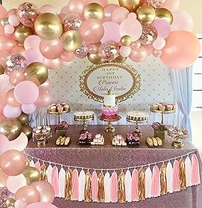 130pcs Rose Gold Balloons with Paper Tassel, Rose Gold Balloon Garland Arch Kit, Rose Gold Pink and Gold Balloons for Baby Shower Birthday Graduation Anniversary Bachelorette Party Decorations