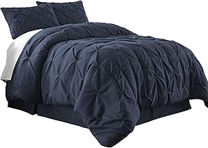 Chezmoi Collection Berlin 3-Piece Pintuck Pinch Pleat Comforter Set (King, Navy)