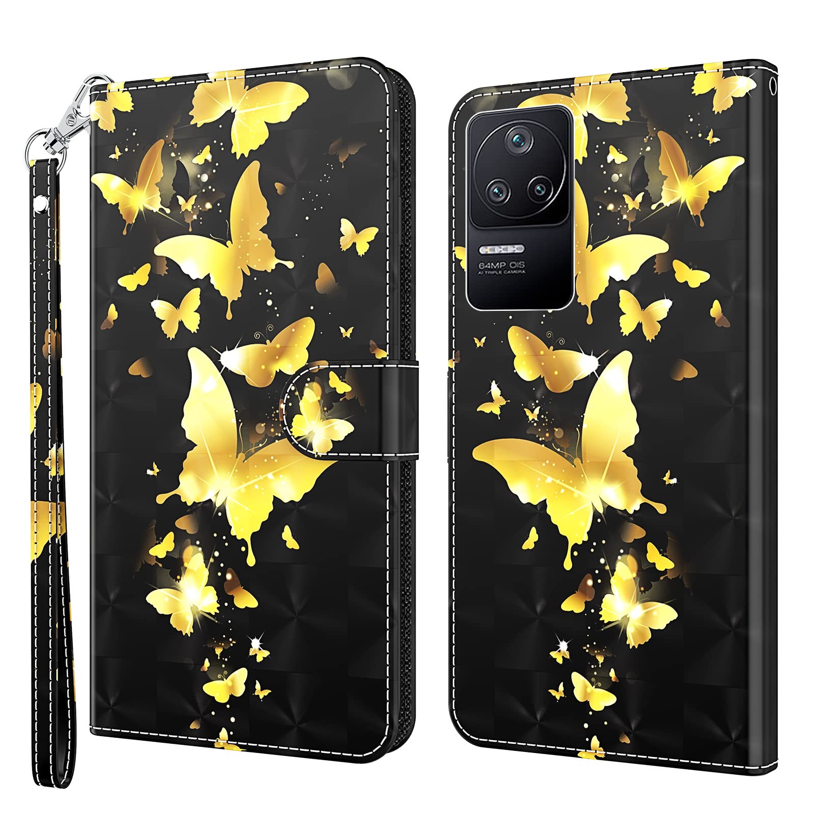 GLANDOTU Case for Xiaomi Poco F4 5G /Redmi K40S, Flip Wallet PU Leather Cover with Magnetic Button, Standing Function Full-Body Protective for Xiaomi Poco F4 5G Phone Cases-Gold butterfly