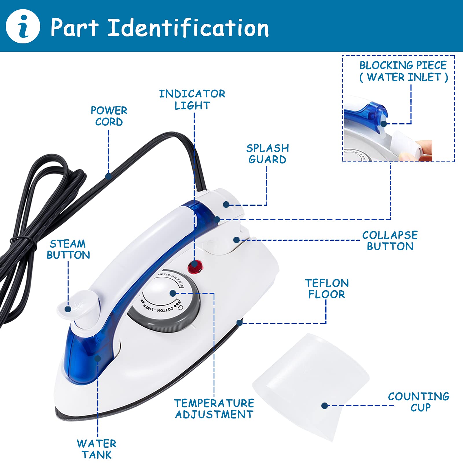 Travel Irons Portable Steam Irons for Clothes Handheld Steamer Mini Iron Non-Stick Sole Plate Dry Ironing and Steam Ironing Fast Heated up Detachable Water Tank