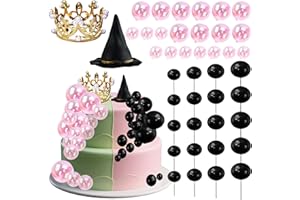 HUSHBLADE ‌42 Pcs Witch Party Decorations Kit - Halloween Cake Toppers with Black Balloons, Silver Crown, Witch Hat & Glitter Balls for Birthday, Fantasy Party Supplies (Pink Ball+Golden Crown)