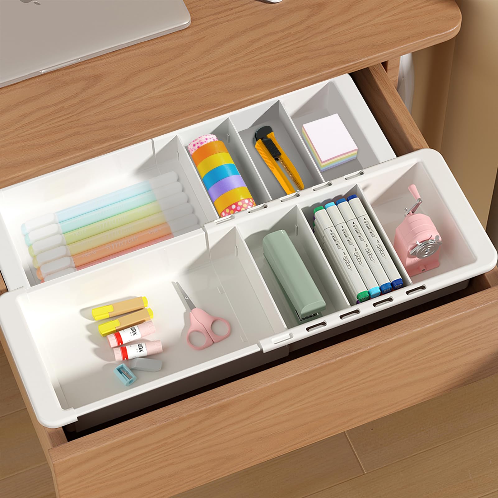 Photo 1 of YOOUSOO Expandable Drawer Organizer, 2 PCS Adjustable Drawer Organizer Trays, Drawer Dividers Organizers and Storage For Office Supplies, Pens, Makeup,Utensils, Tools, Flatware and Junks, White