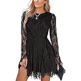 CUPSHE Women's Sheer Insert Scallop Trim Lace Coaktail Dress Long Sleeve Flared A-Line Mini Dresses