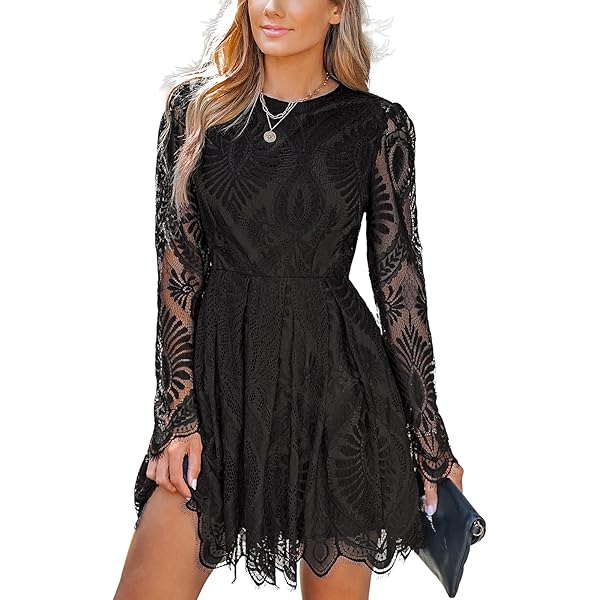 Black Lace Dress Long Sleeve Short Elegant Fitted Party Fashion Mini Dress ( Black,Small) at Amazon Women's Clothing store